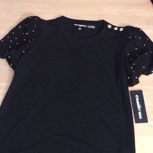 Karl Lagerfeld Crystal Pearl Accent Black Puff Sleeve Top Y2k
